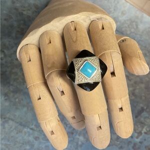 Black Onyx & Turquoise Square Sterling Silver Statement Ring, size 8